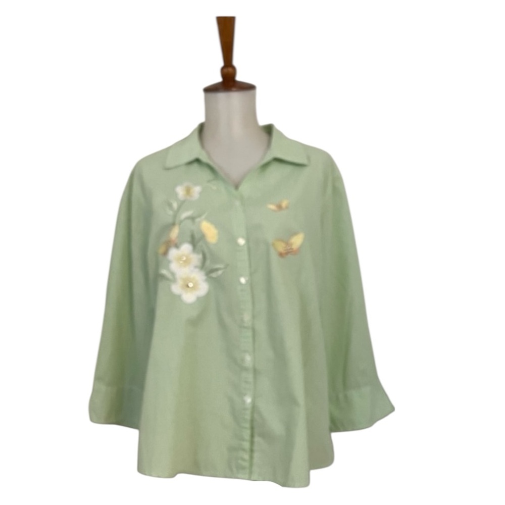 90s Striped Button Down Shirt M Embroidered Floral Butterfly Cottage Fairy Chic